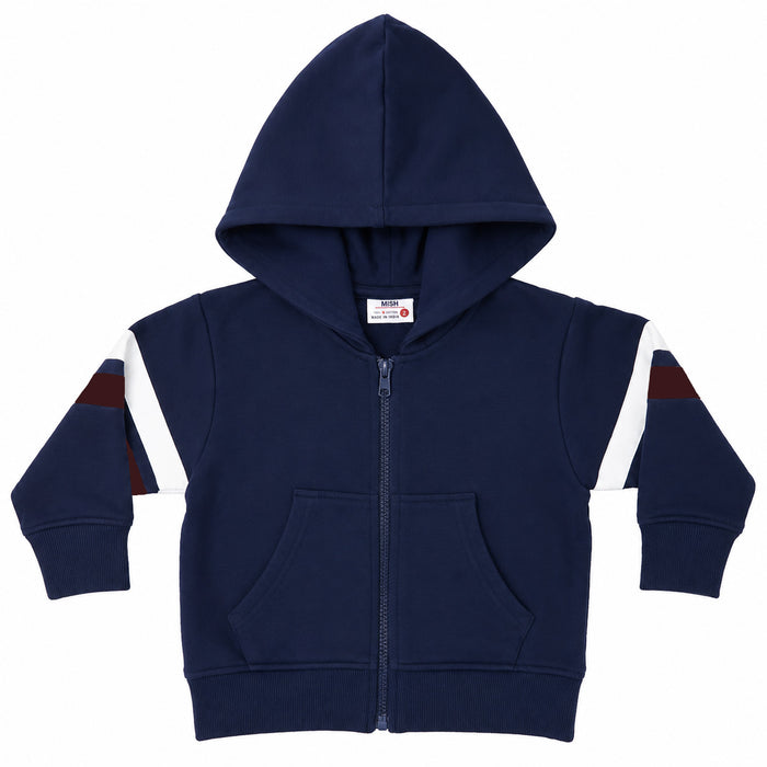 Kids French Terry Zip Hoodie with Stripes - Navy