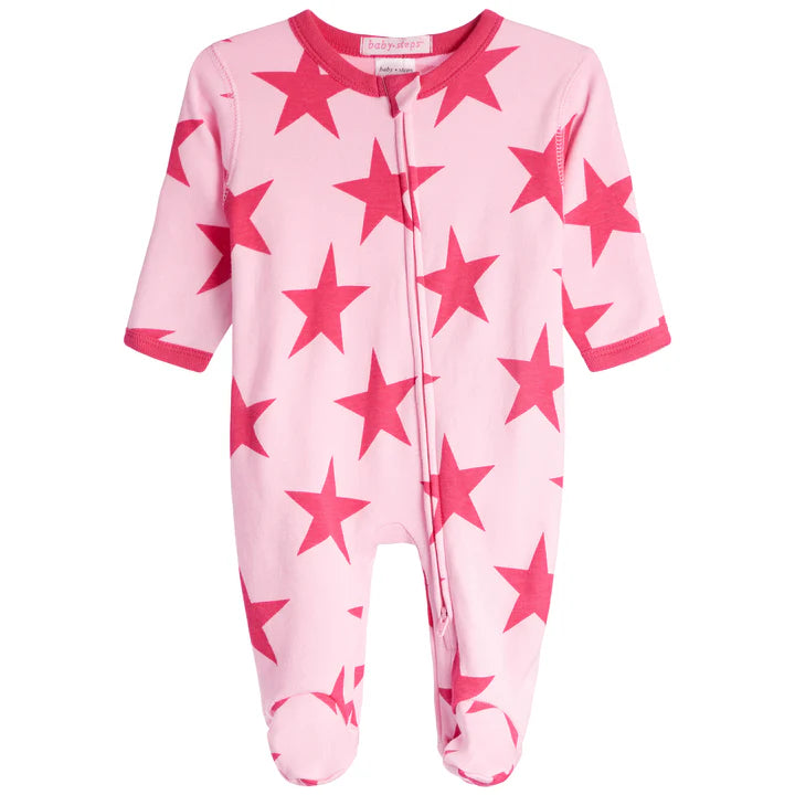 Baby Zipper Footie - Large Pink Stars (8466947014940)