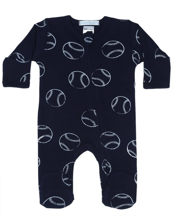 Baby Zipper Footie - Baseballs on Navy
