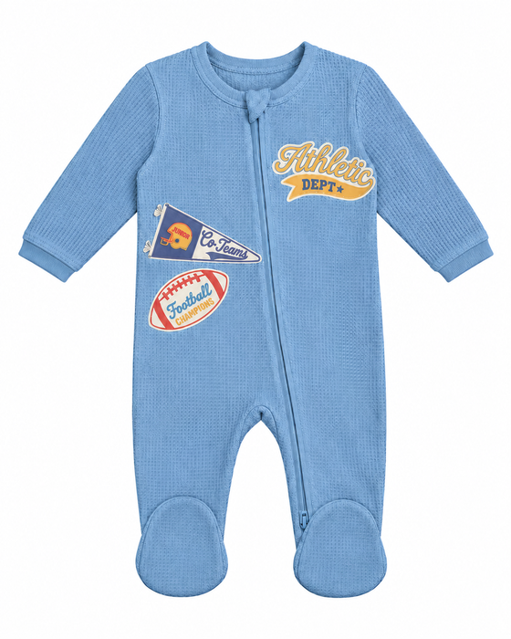 Baby Thermal Footie - Varsity Football Patches - Dusty Blue