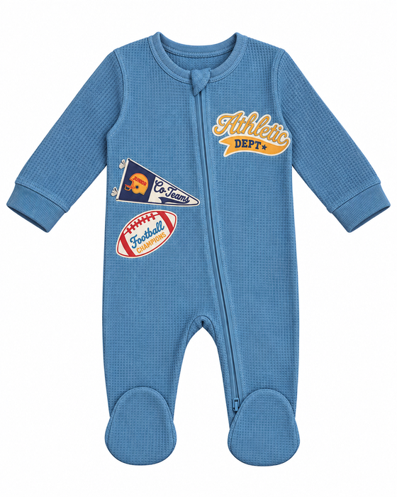 Baby Thermal Footie with Stripe - Football Patches - Dusty Blue