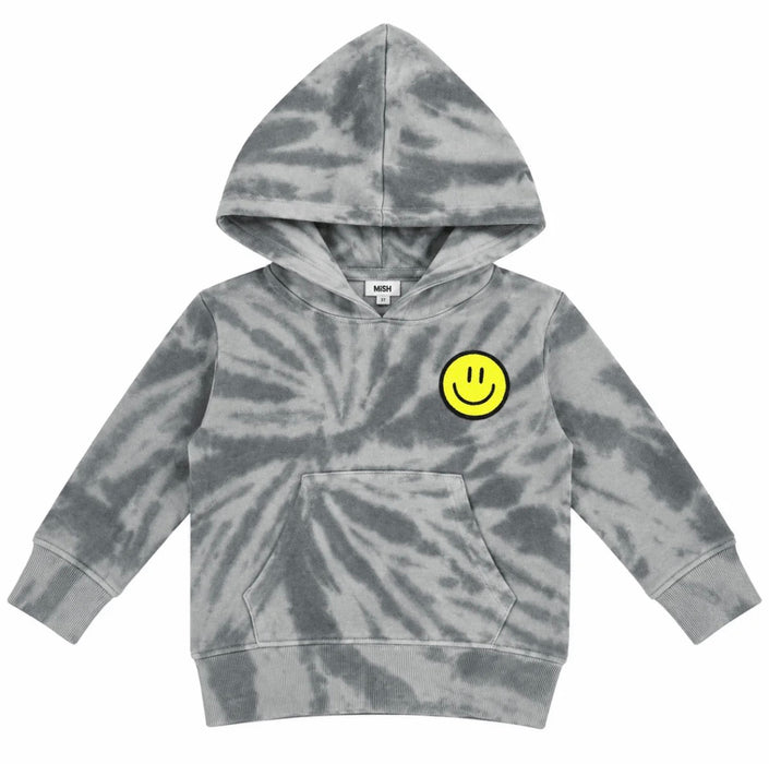 Kids Tie Dye Smiley French Terry Pullover Hoodie - Grey