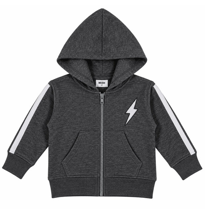 Kids Distressed Zip Hoodie with Stripes and Bolt