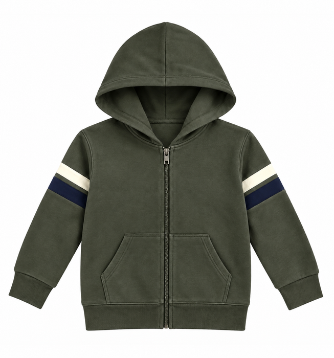 Kids Zip Hoodie with Stripes - Olive