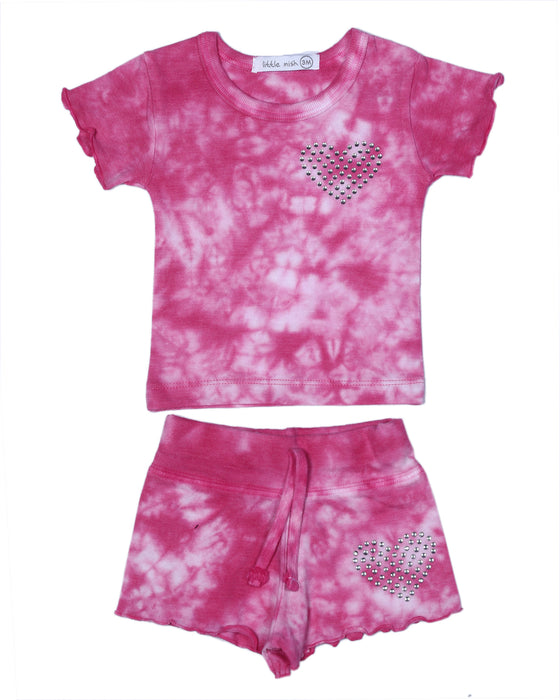 Baby and Toddler Tie Dye Tee and Shorts Set - Pink Rhinestone Heart
