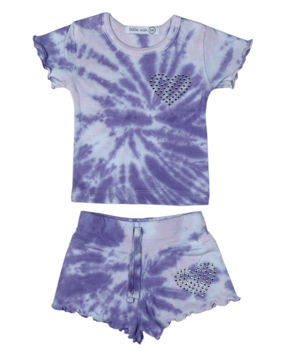 Baby Tie Dye Tee and Shorts Set - Purple Rhinestone Heart