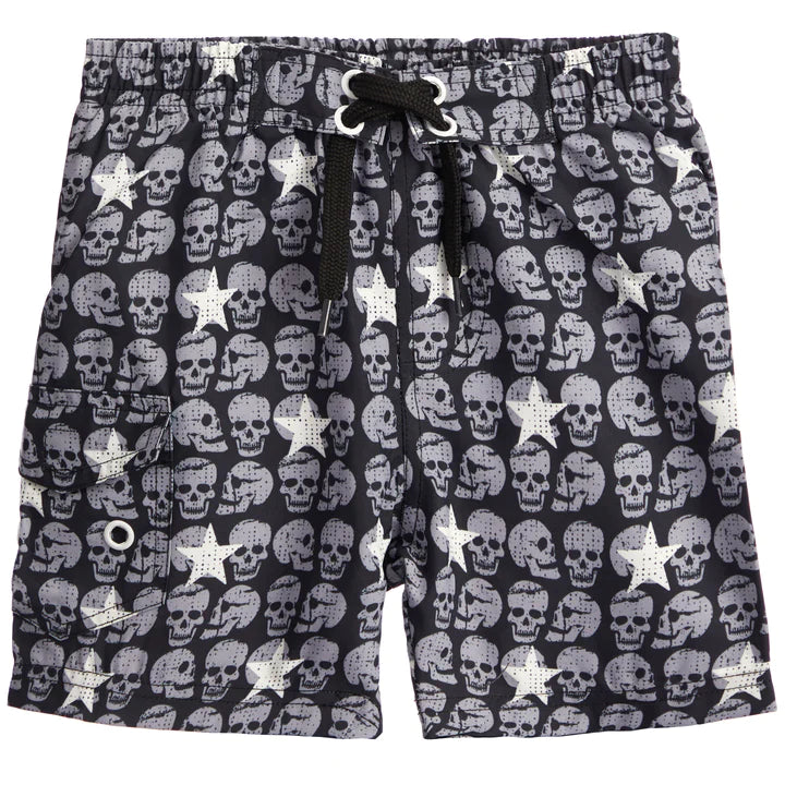 Kids Swim Board Shorts - Skulls and Stars on Black (8015208153372) (8294778077468)