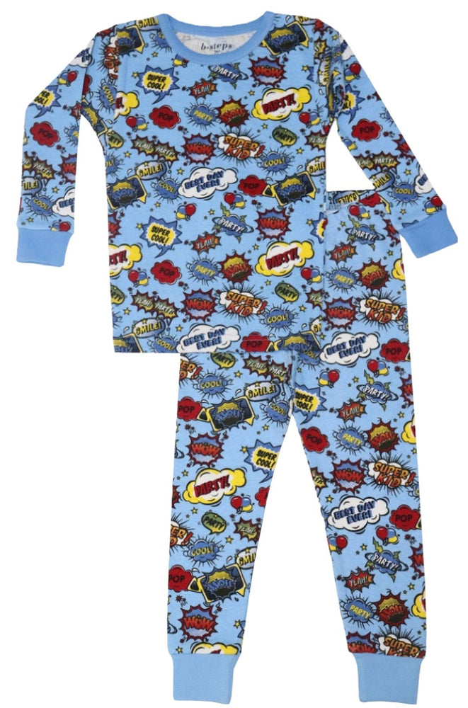 Kids Pajamas - Comic Party on Blue — Baby Steps and Mish Kids