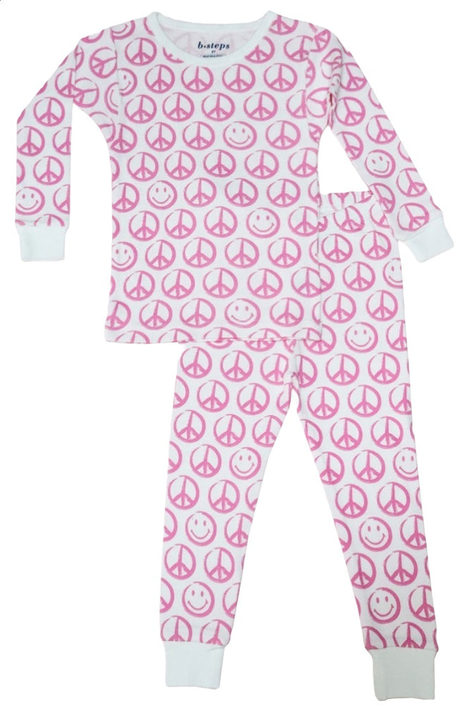 Kids Pajamas - Pink Smiley Peace Signs on White (6764385828939)