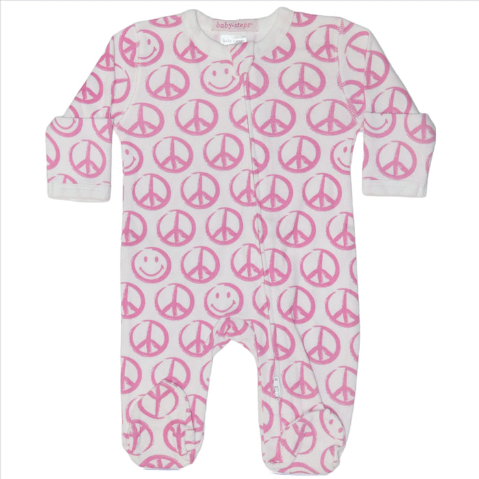 Baby Zipper Footie - Pink Peace Sign (8091993309468)