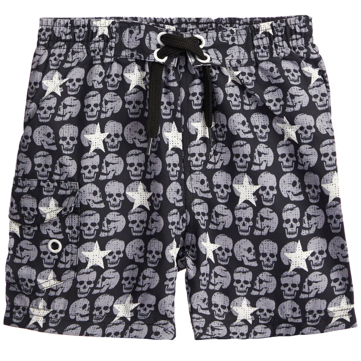 Kids Swim Board Shorts - Skulls and Stars on Black (8015208153372)